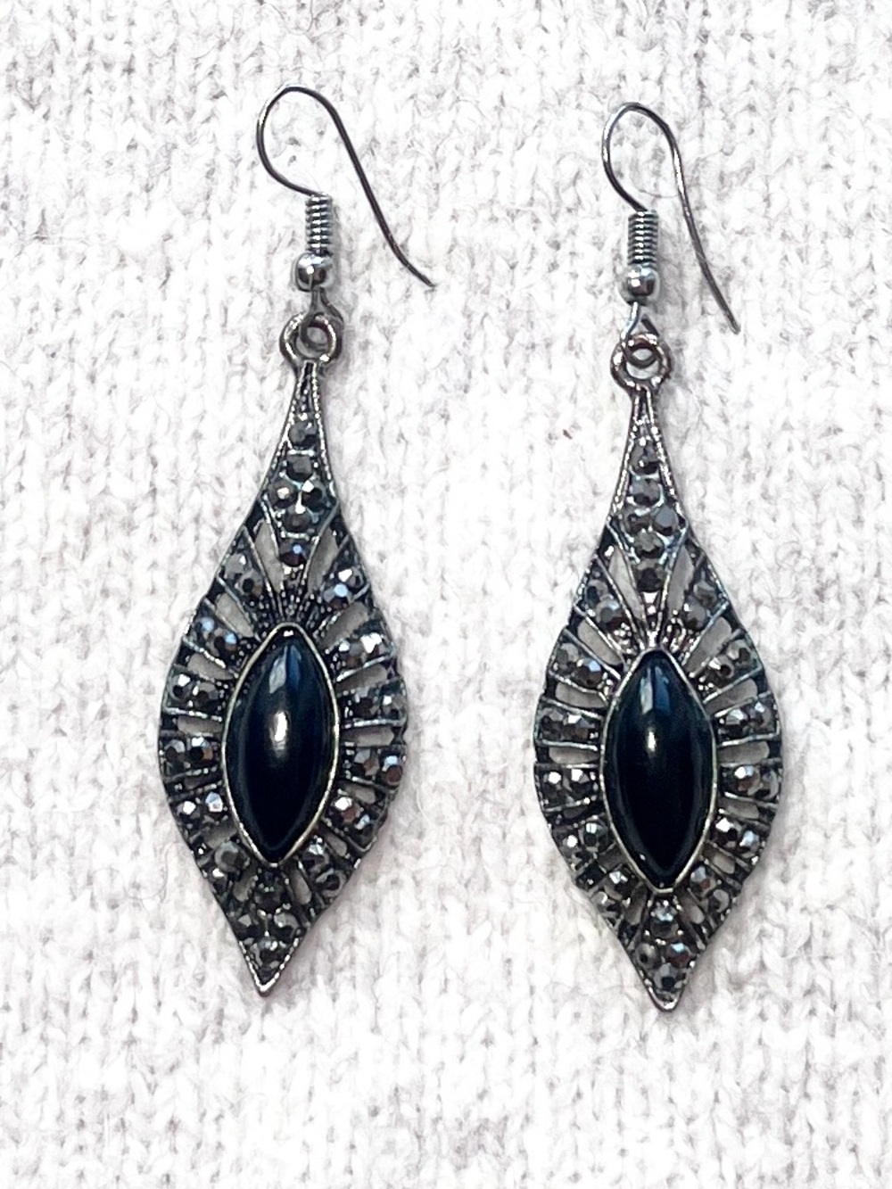Vintage Marcasite Shield Earrings - Black Teardrop - Art Deco "Goth Glam" vibe.